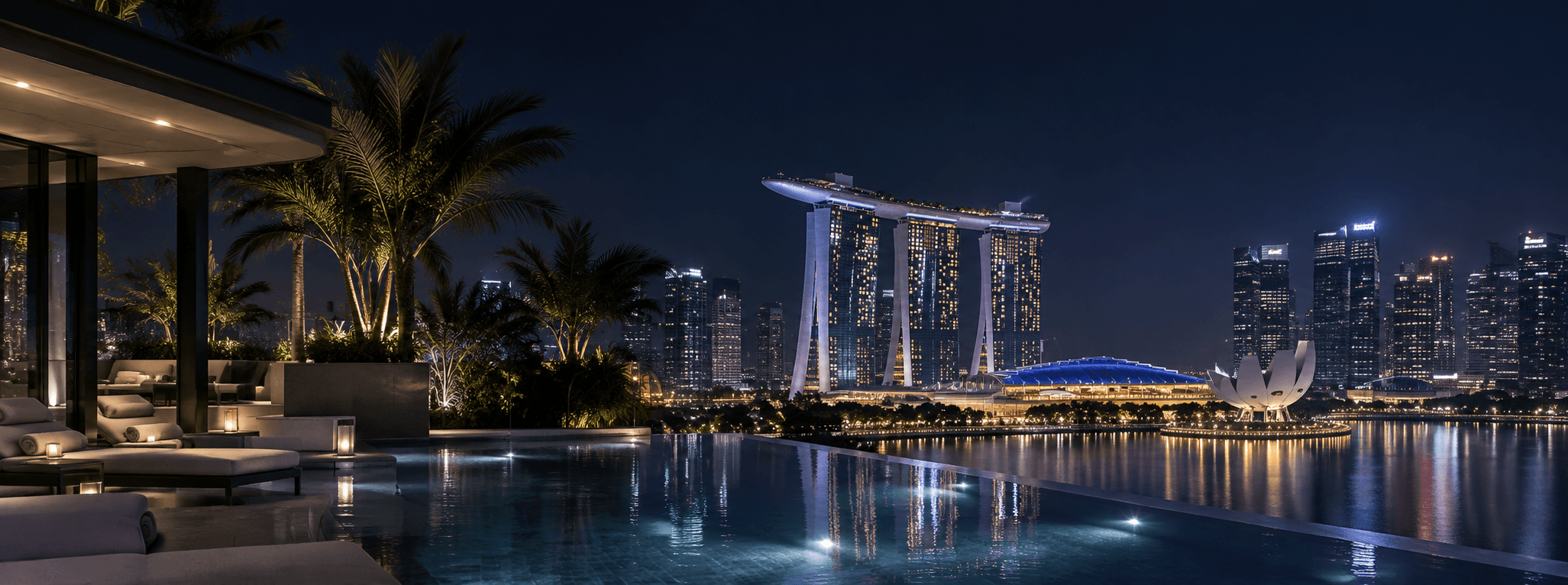 Illuminated rooftop terrace overlooking a city skyline at night