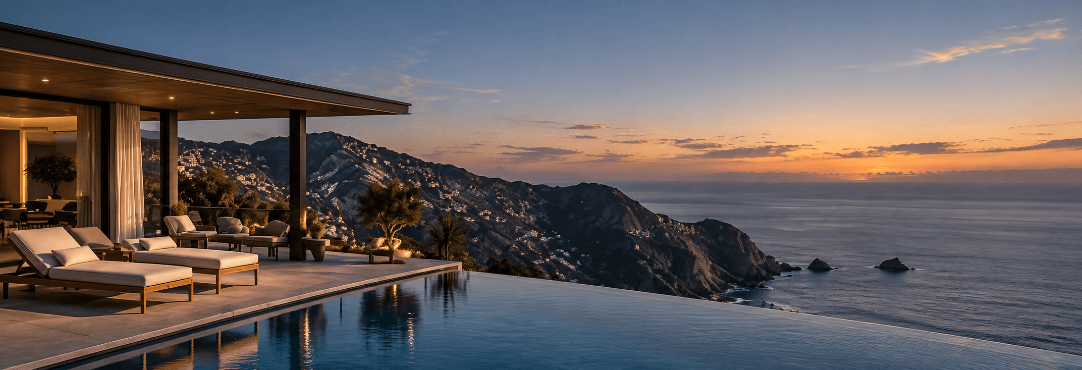 Cliffside villa terrace with infinity pool overlooking the sea at sunset