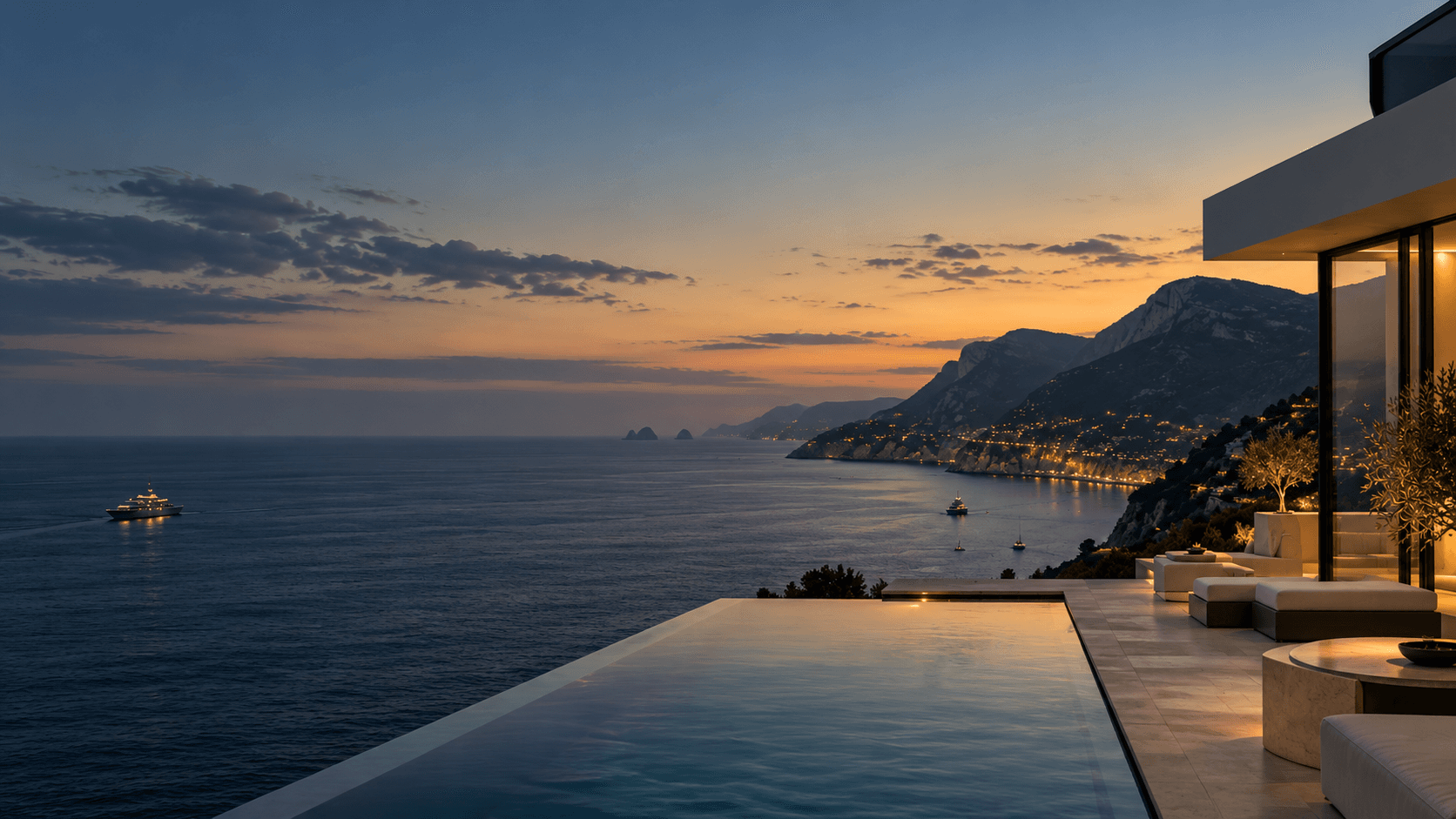 Amalfi coast villa terrace at dusk overlooking a private superyacht