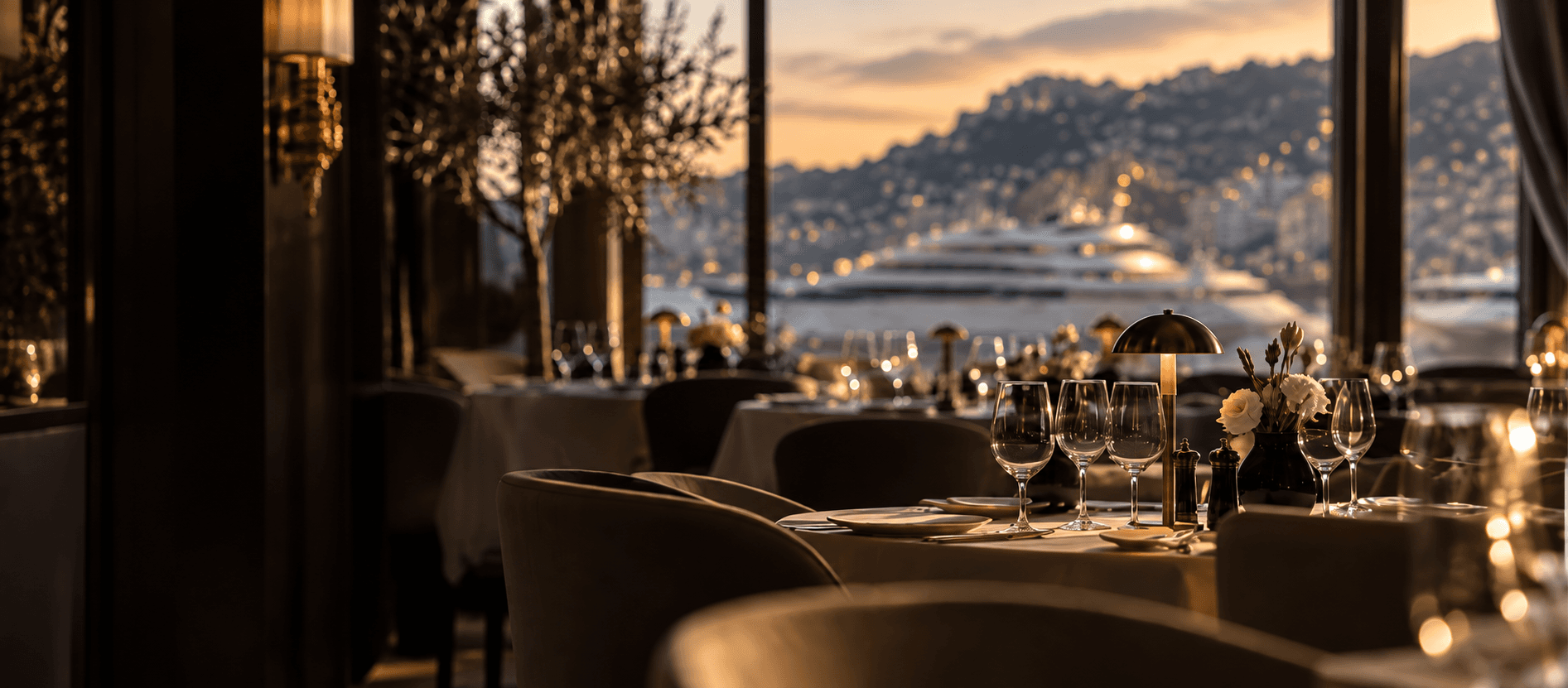 Candlelit fine dining table overlooking the Monaco harbor at sunset