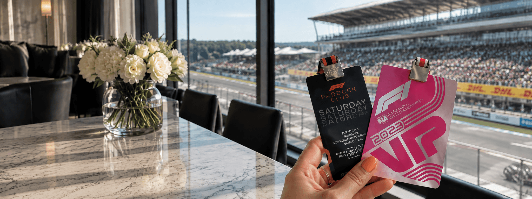 VIP Paddock Club and Formula 1 access badges held trackside