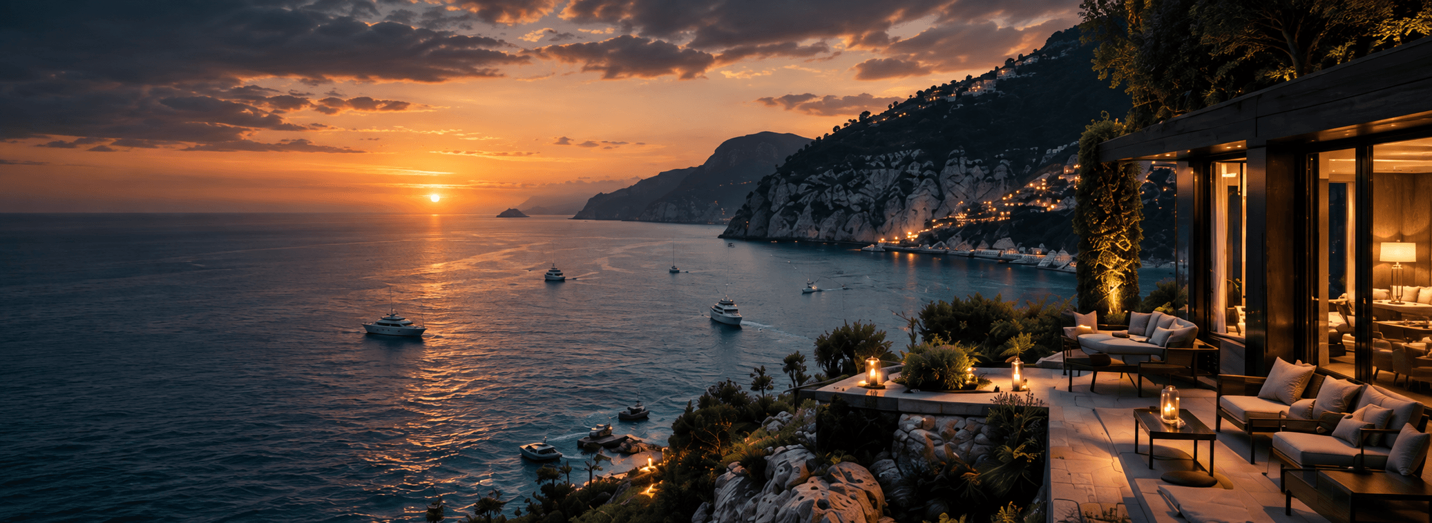 Amalfi coast cliffside terrace at sunset overlooking private yachts