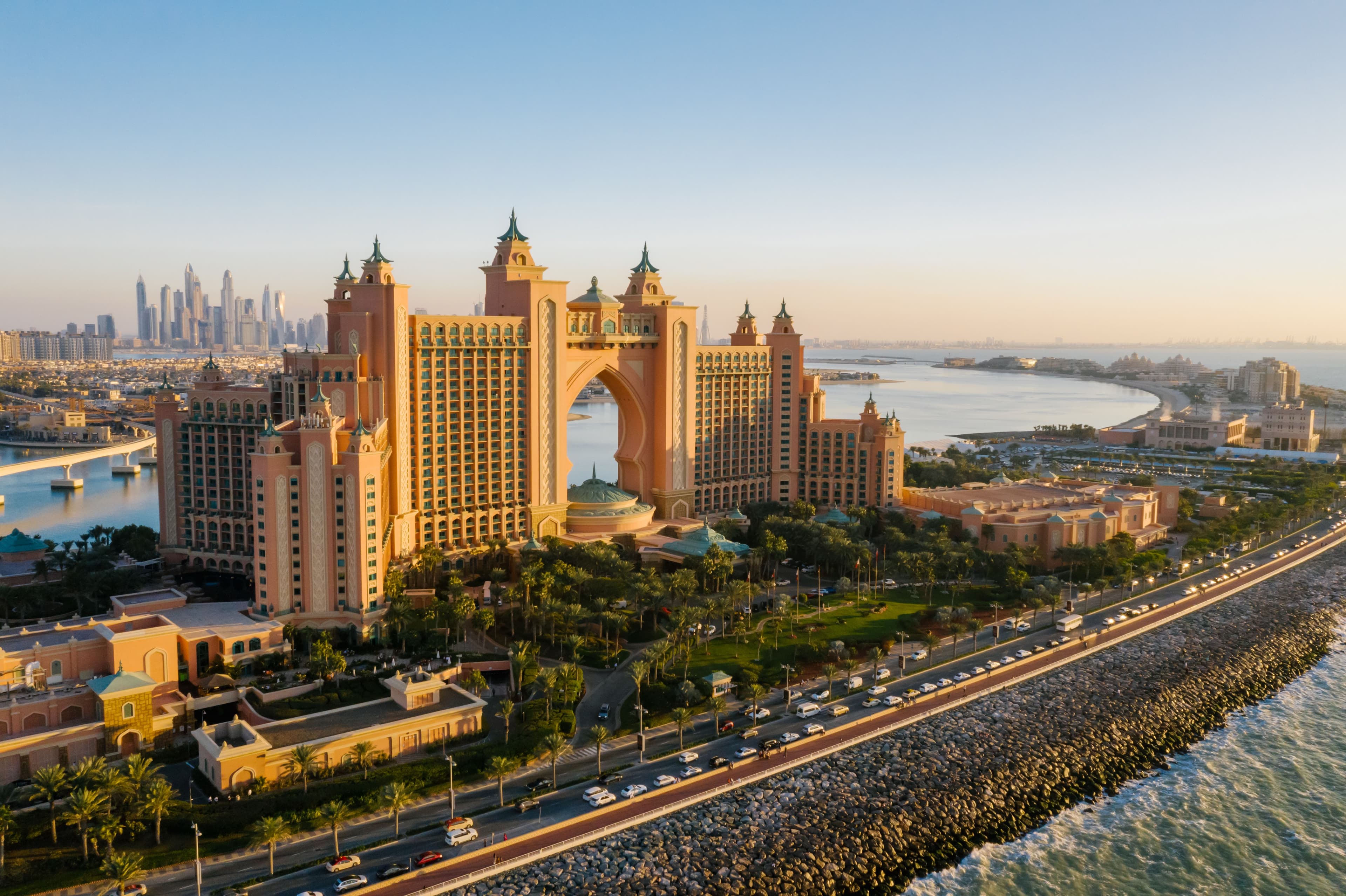 Aerial view of the Atlantis The Palm resort in Dubai at sunset